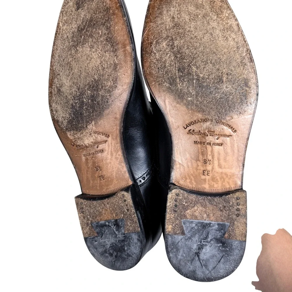Salvatore Ferragamo Loafers Mens 6.5 EE Black Gancini Wingtip Brogue Dress Shoes